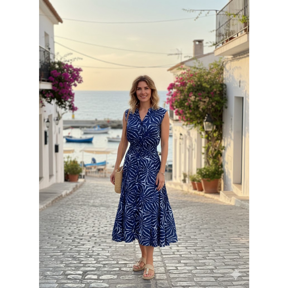 Chelsea Theodore Blue White Shibori Midi Dress